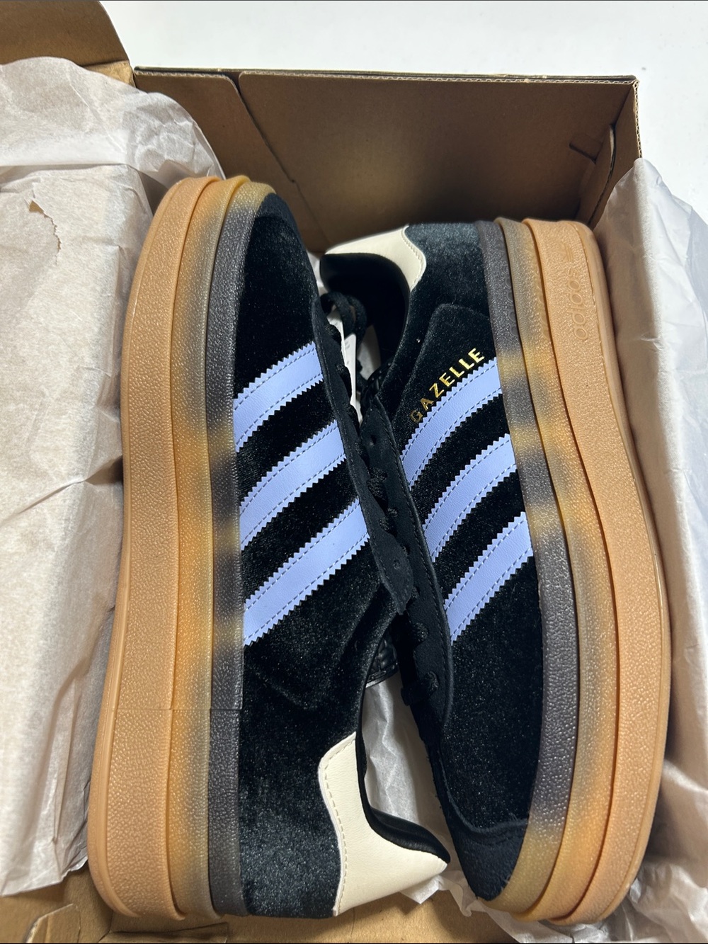 adidas Gazelle Youth Black Velvet Sneakers with White Stripes and Gum Sole